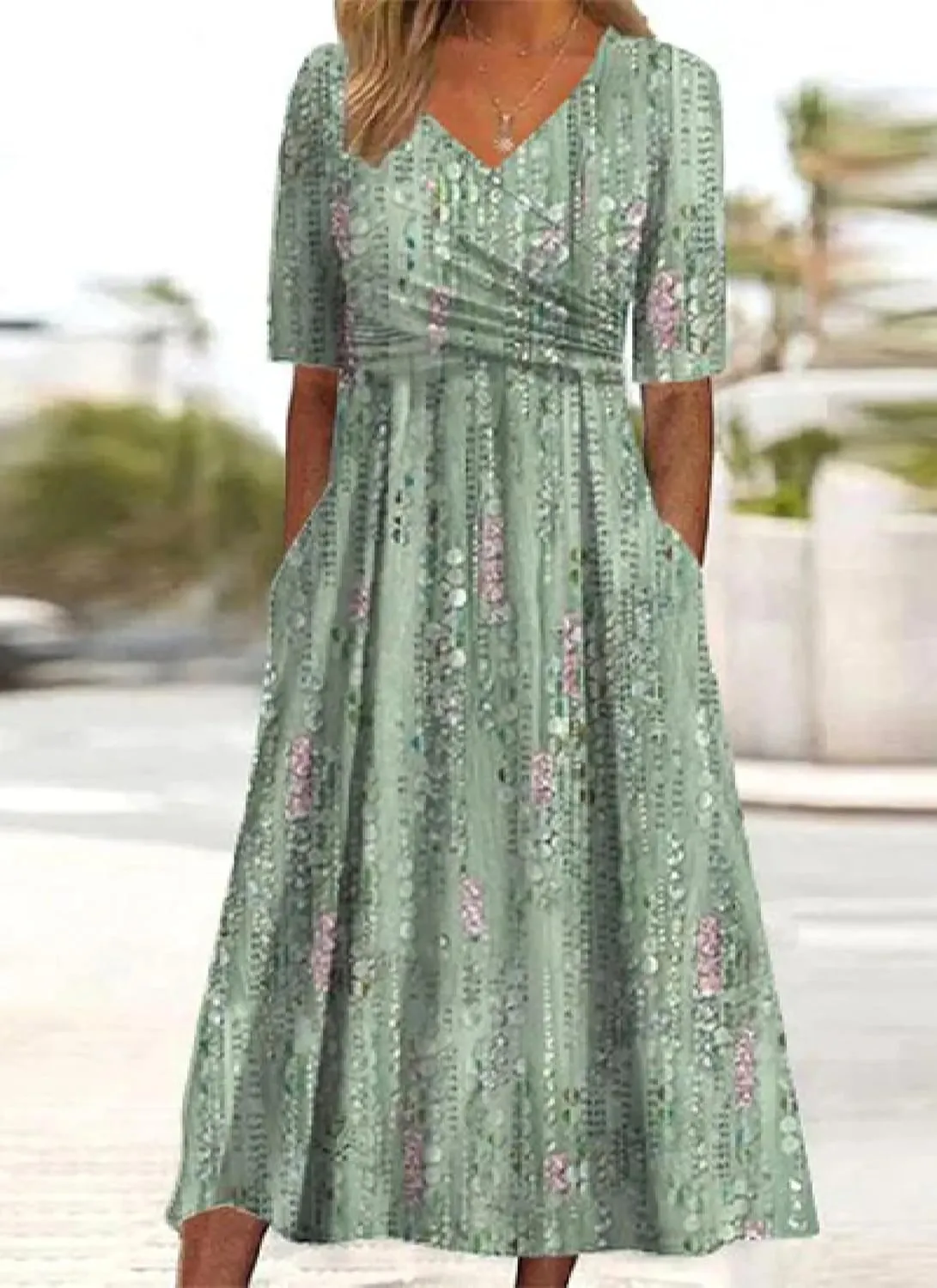 Womens 2025 Fashion Outfits Plant Print Side Pocket Midi Dress Stylish V Neck Midi Dress