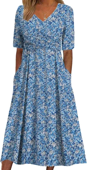 Womens 2025 Fashion Outfits Plant Print Side Pocket Midi Dress Stylish V Neck Midi Dress