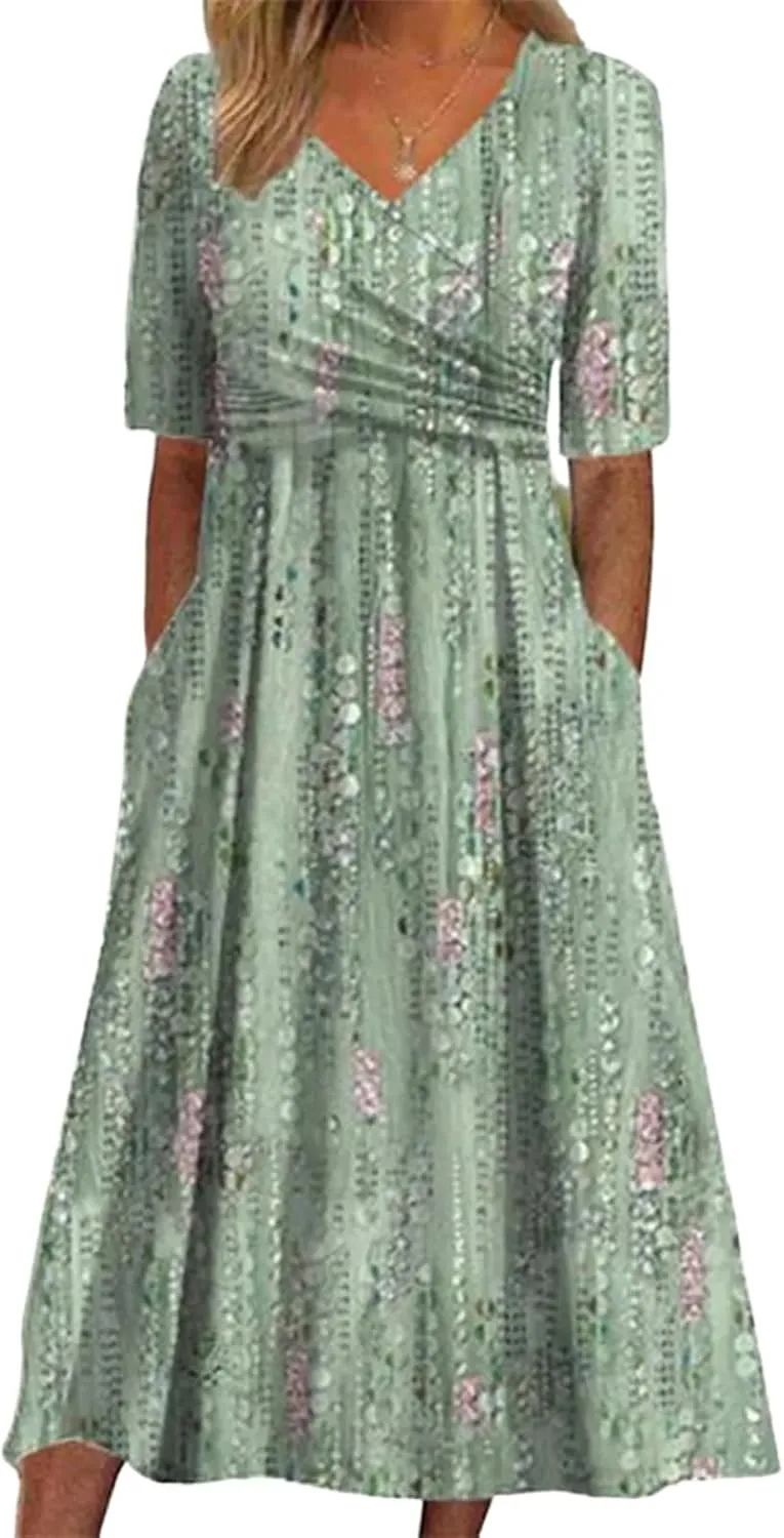 Womens 2025 Fashion Outfits Plant Print Side Pocket Midi Dress Stylish V Neck Midi Dress