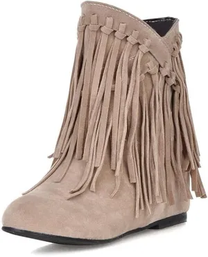 Womens Ankle Fringe Boots Round Toe WinterWide Calf Flat Tassel Moccasin Boots Casual Hidden Wedge Low Heel Ankle Boots