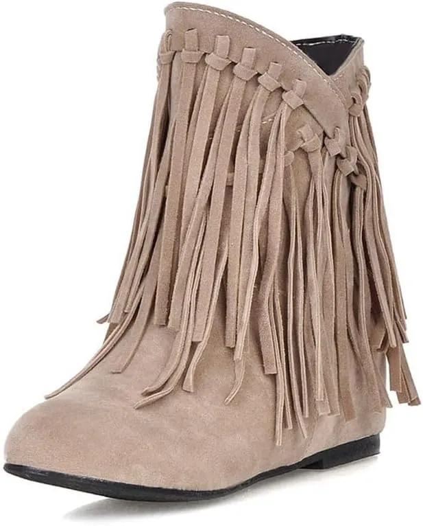 Womens Ankle Fringe Boots Round Toe WinterWide Calf Flat Tassel Moccasin Boots Casual Hidden Wedge Low Heel Ankle Boots