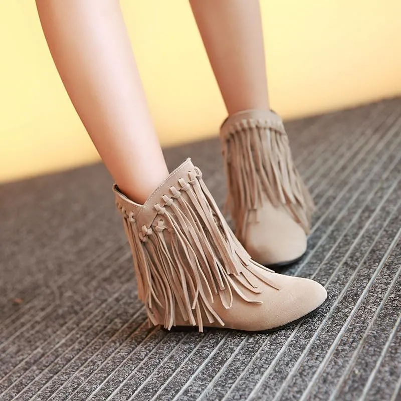 Womens Ankle Fringe Boots Round Toe WinterWide Calf Flat Tassel Moccasin Boots Casual Hidden Wedge Low Heel Ankle Boots