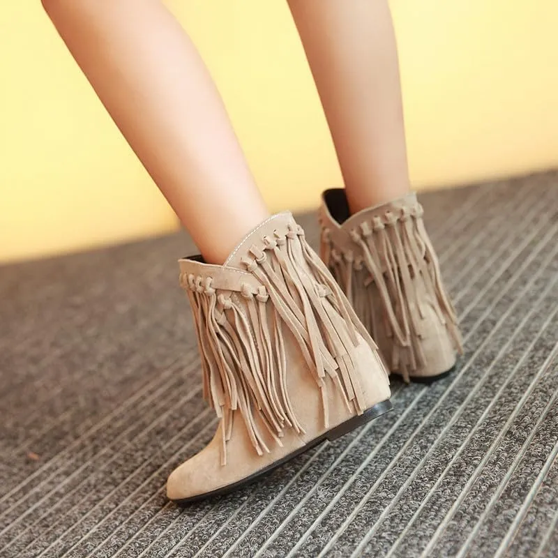 Womens Ankle Fringe Boots Round Toe WinterWide Calf Flat Tassel Moccasin Boots Casual Hidden Wedge Low Heel Ankle Boots