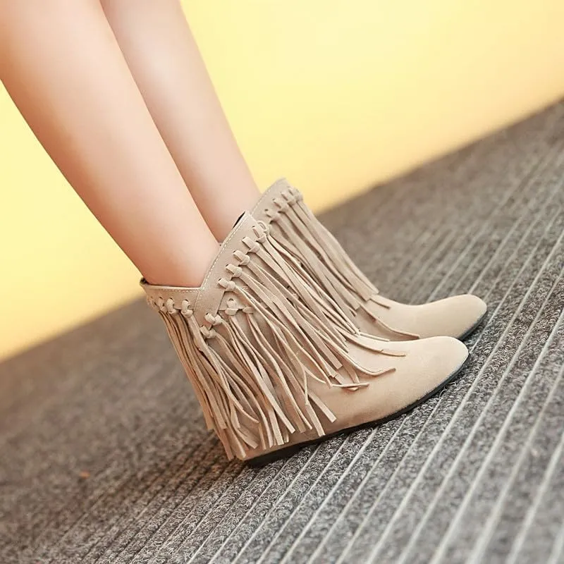 Womens Ankle Fringe Boots Round Toe WinterWide Calf Flat Tassel Moccasin Boots Casual Hidden Wedge Low Heel Ankle Boots