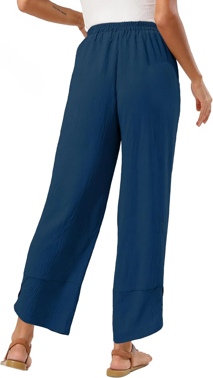 Women's Baggy Wide Leg Palazzo Pants Business Casual High Waisted Flowy Elastic Waist Sandy Shore Pants Pockets