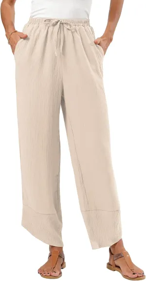 Women's Baggy Wide Leg Palazzo Pants Business Casual High Waisted Flowy Elastic Waist Sandy Shore Pants Pockets