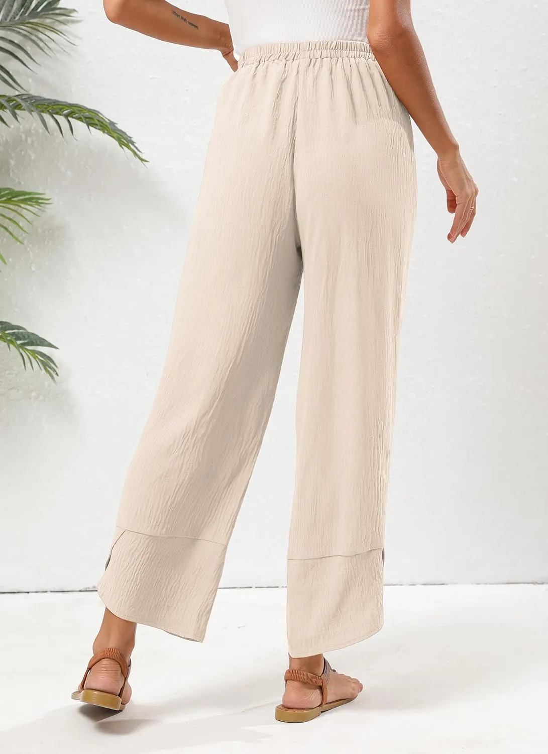 Women's Baggy Wide Leg Palazzo Pants Business Casual High Waisted Flowy Elastic Waist Sandy Shore Pants Pockets