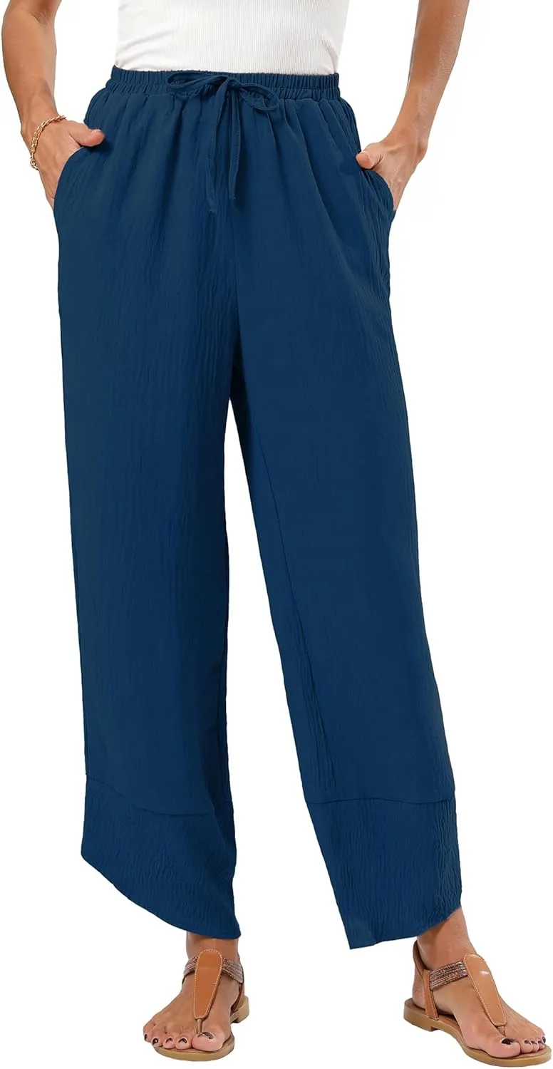 Women's Baggy Wide Leg Palazzo Pants Business Casual High Waisted Flowy Elastic Waist Sandy Shore Pants Pockets