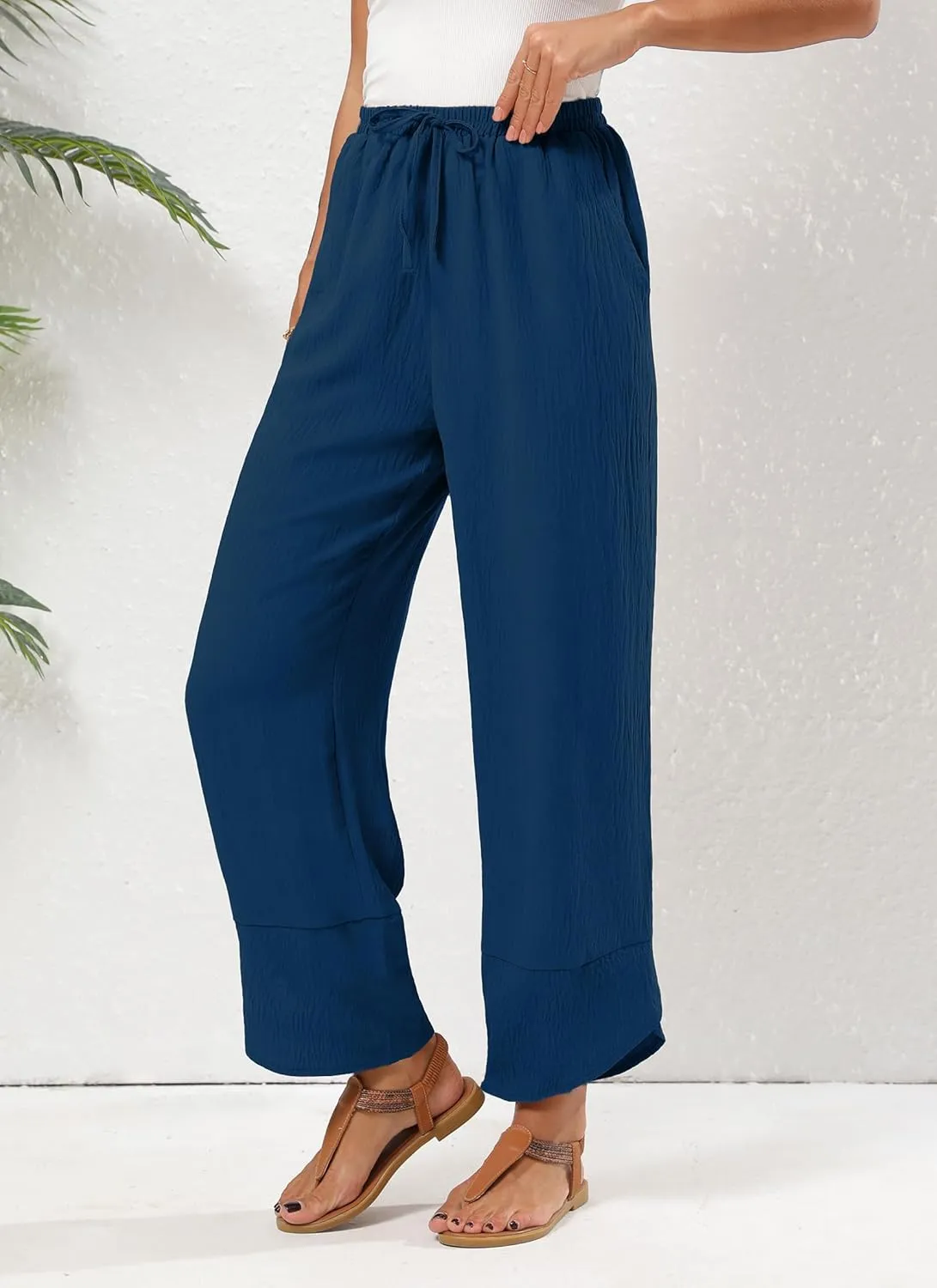 Women's Baggy Wide Leg Palazzo Pants Business Casual High Waisted Flowy Elastic Waist Sandy Shore Pants Pockets