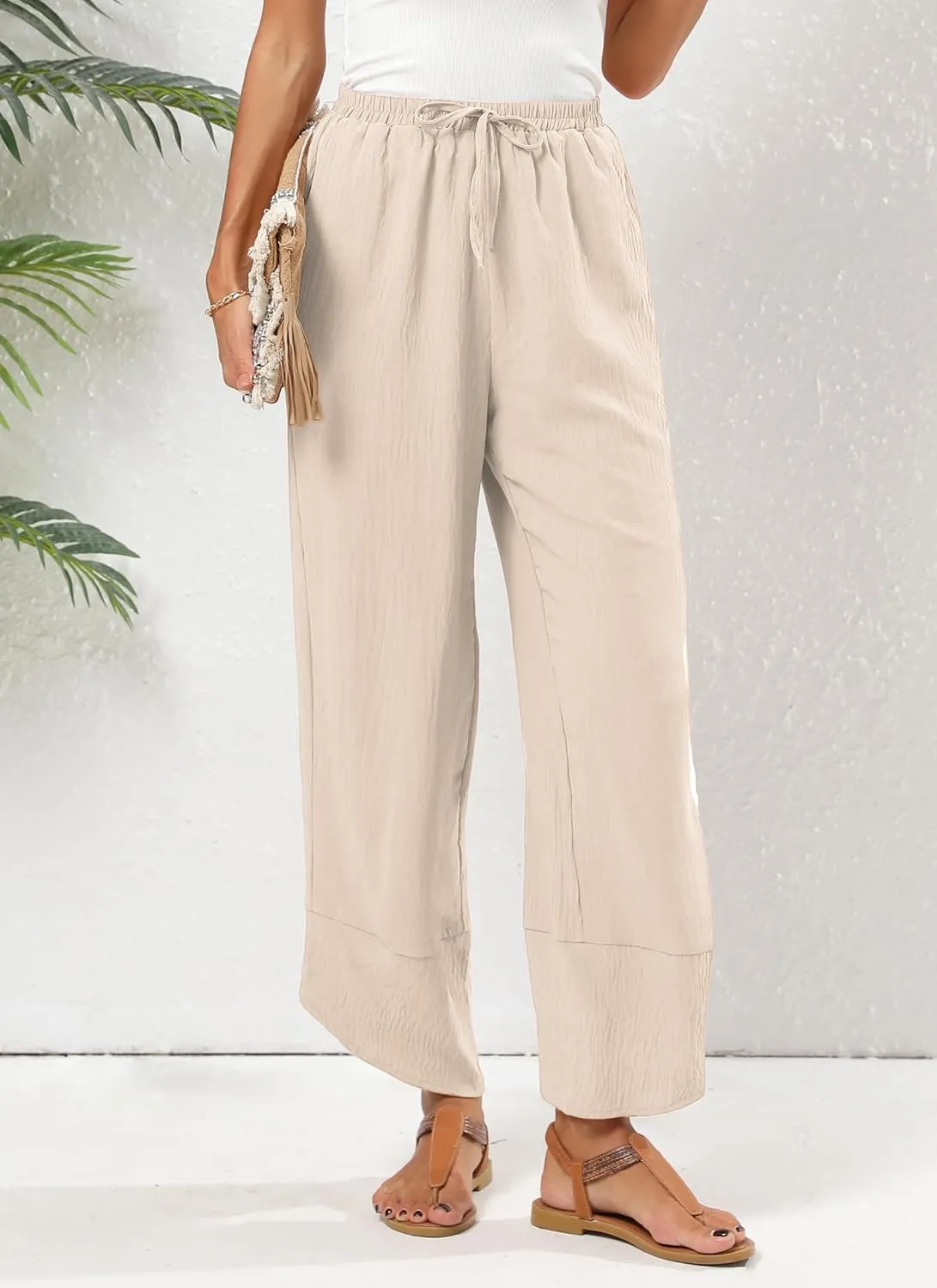 Women's Baggy Wide Leg Palazzo Pants Business Casual High Waisted Flowy Elastic Waist Sandy Shore Pants Pockets