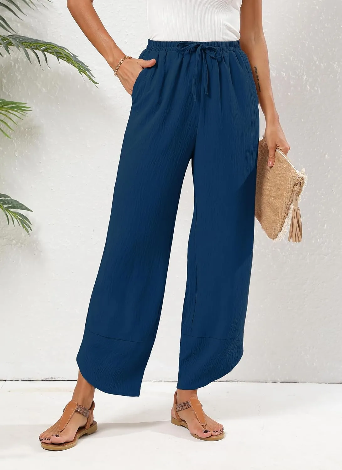 Women's Baggy Wide Leg Palazzo Pants Business Casual High Waisted Flowy Elastic Waist Sandy Shore Pants Pockets