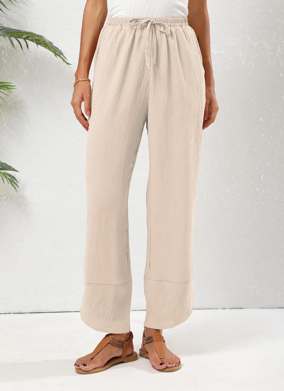 Women's Baggy Wide Leg Palazzo Pants Business Casual High Waisted Flowy Elastic Waist Sandy Shore Pants Pockets