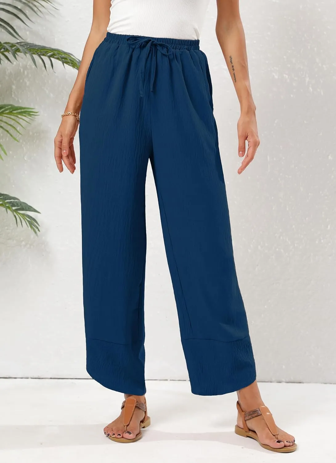 Women's Baggy Wide Leg Palazzo Pants Business Casual High Waisted Flowy Elastic Waist Sandy Shore Pants Pockets