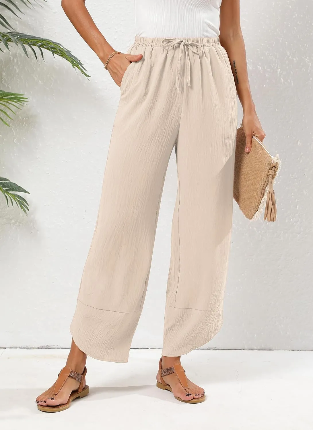 Women's Baggy Wide Leg Palazzo Pants Business Casual High Waisted Flowy Elastic Waist Sandy Shore Pants Pockets