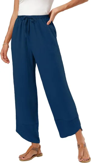 Women's Baggy Wide Leg Palazzo Pants Business Casual High Waisted Flowy Elastic Waist Sandy Shore Pants Pockets