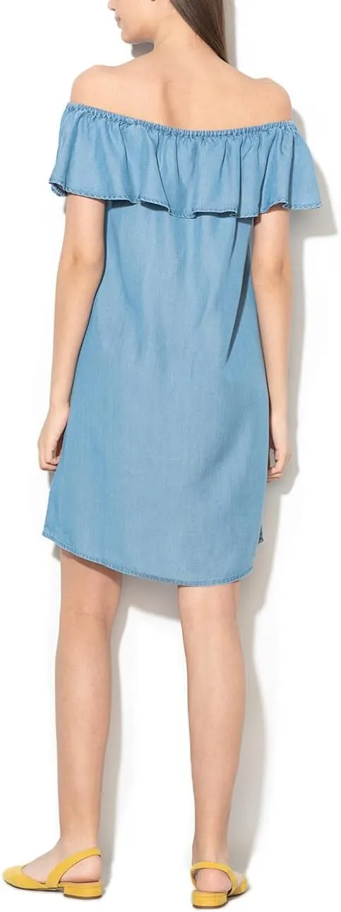 Women's Blue Jean Dress Off Shoulder Ruffle Short Sleeve Loose Denim Mini Dress with Pocket