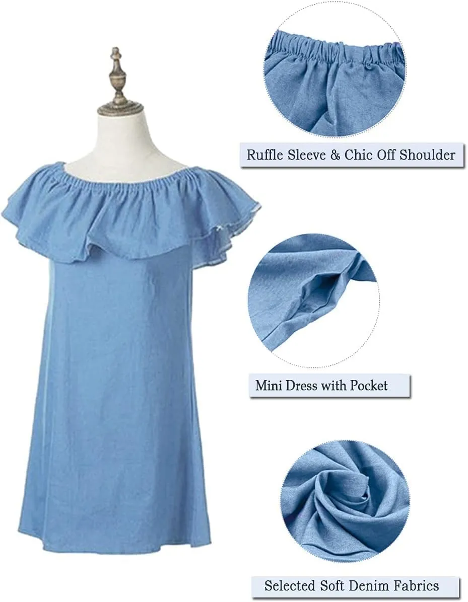 Women's Blue Jean Dress Off Shoulder Ruffle Short Sleeve Loose Denim Mini Dress with Pocket