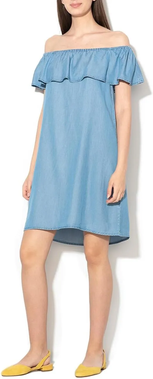Women's Blue Jean Dress Off Shoulder Ruffle Short Sleeve Loose Denim Mini Dress with Pocket