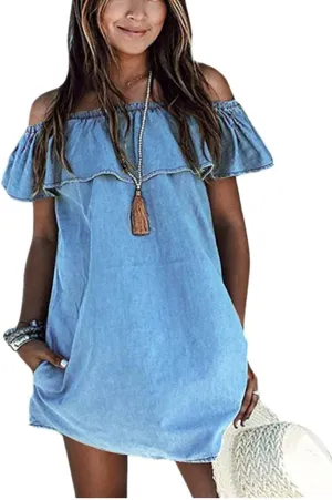 Women's Blue Jean Dress Off Shoulder Ruffle Short Sleeve Loose Denim Mini Dress with Pocket
