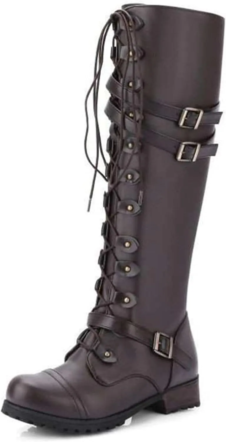 Women's Buckle Chunky Low Flat Heel Knee High Boot Side lace-up Zipper Round Toe Comfortable Casual Leather Dress Riding Combat Boot