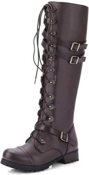 Women's Buckle Chunky Low Flat Heel Knee High Boot Side lace-up Zipper Round Toe Comfortable Casual Leather Dress Riding Combat Boot