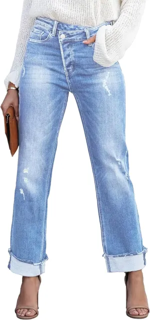 Womens Cargo Denim Jeans High Waisted Stretchy Flap Pocket Straight Leg Pants