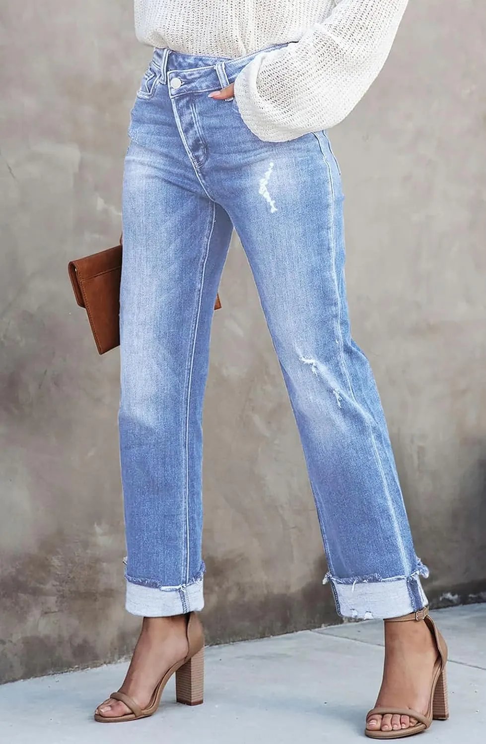 Womens Cargo Denim Jeans High Waisted Stretchy Flap Pocket Straight Leg Pants