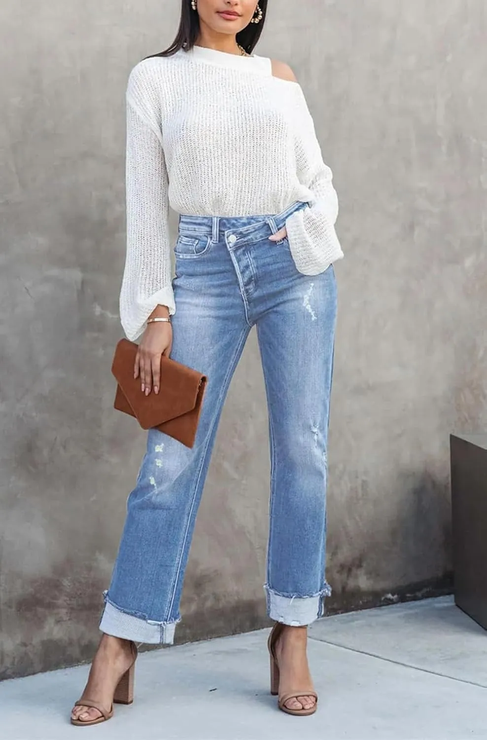 Womens Cargo Denim Jeans High Waisted Stretchy Flap Pocket Straight Leg Pants