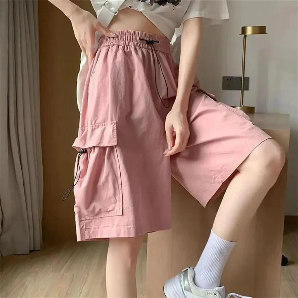 Women's Cargo Shorts Solid Color High Waist Drawstring Loose Large Pocket Casual Shorts