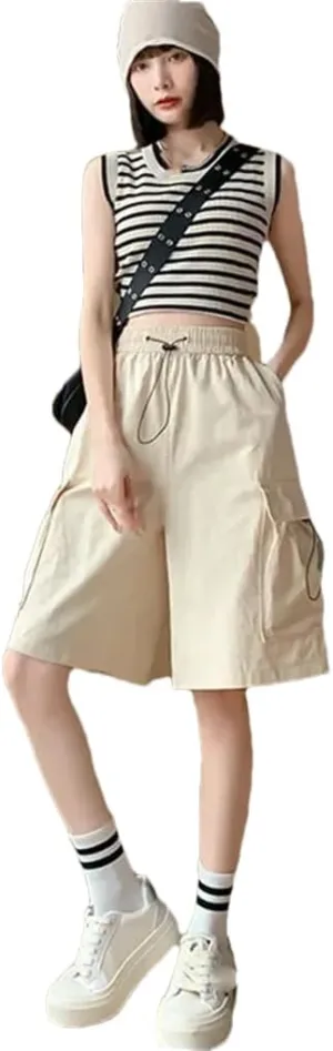 Women's Cargo Shorts Solid Color High Waist Drawstring Loose Large Pocket Casual Shorts