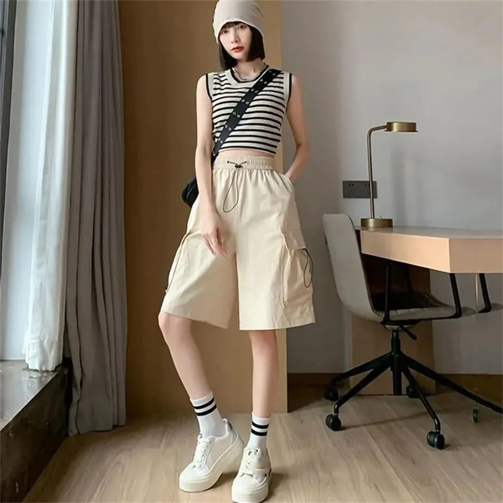 Women's Cargo Shorts Solid Color High Waist Drawstring Loose Large Pocket Casual Shorts
