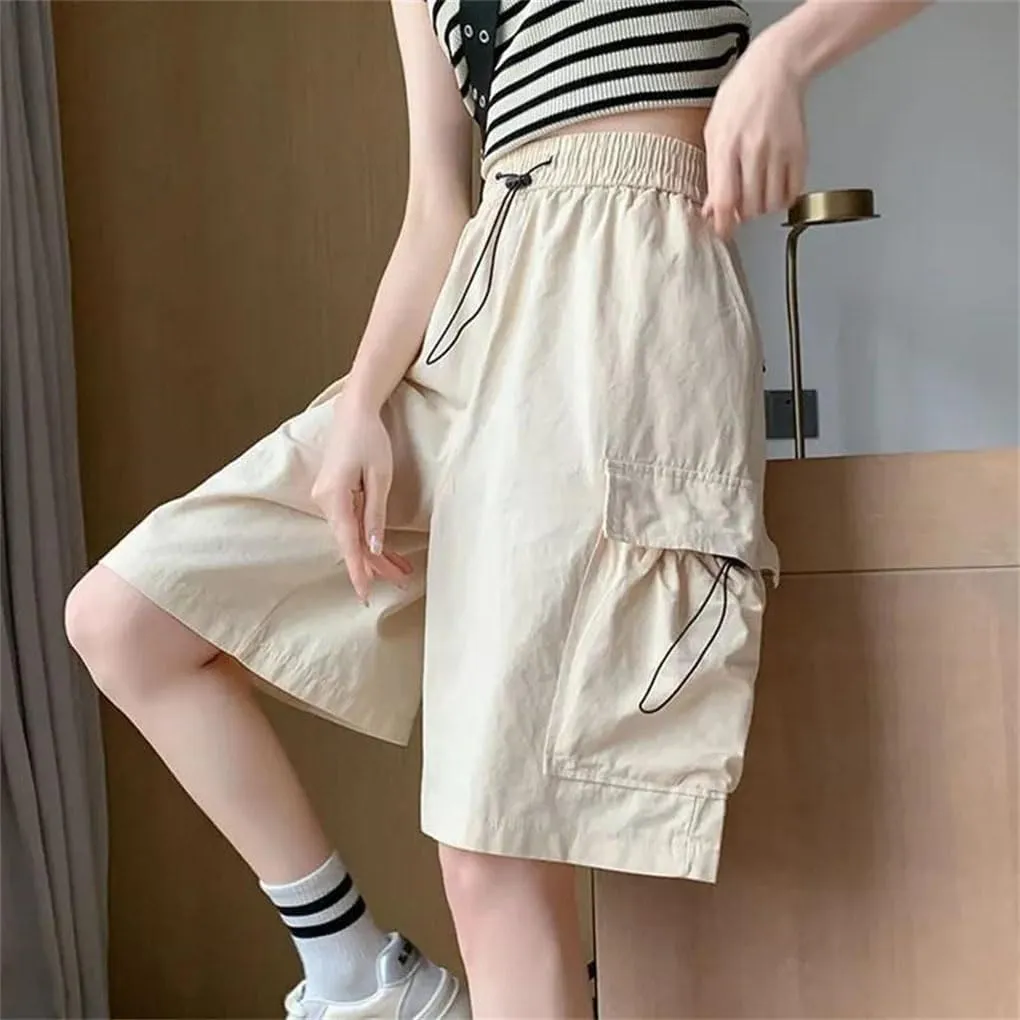 Women's Cargo Shorts Solid Color High Waist Drawstring Loose Large Pocket Casual Shorts