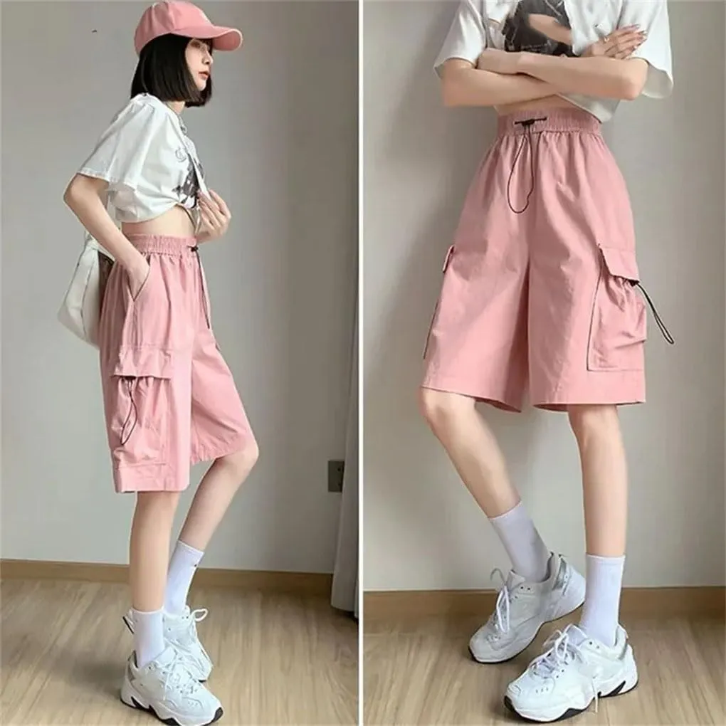 Women's Cargo Shorts Solid Color High Waist Drawstring Loose Large Pocket Casual Shorts