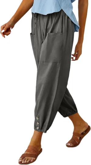 Women's Casual Lantern Tapered Harem Pants Loose Fit Style Flax Ankle Trousers Summer Baggy Slacks with Pocket