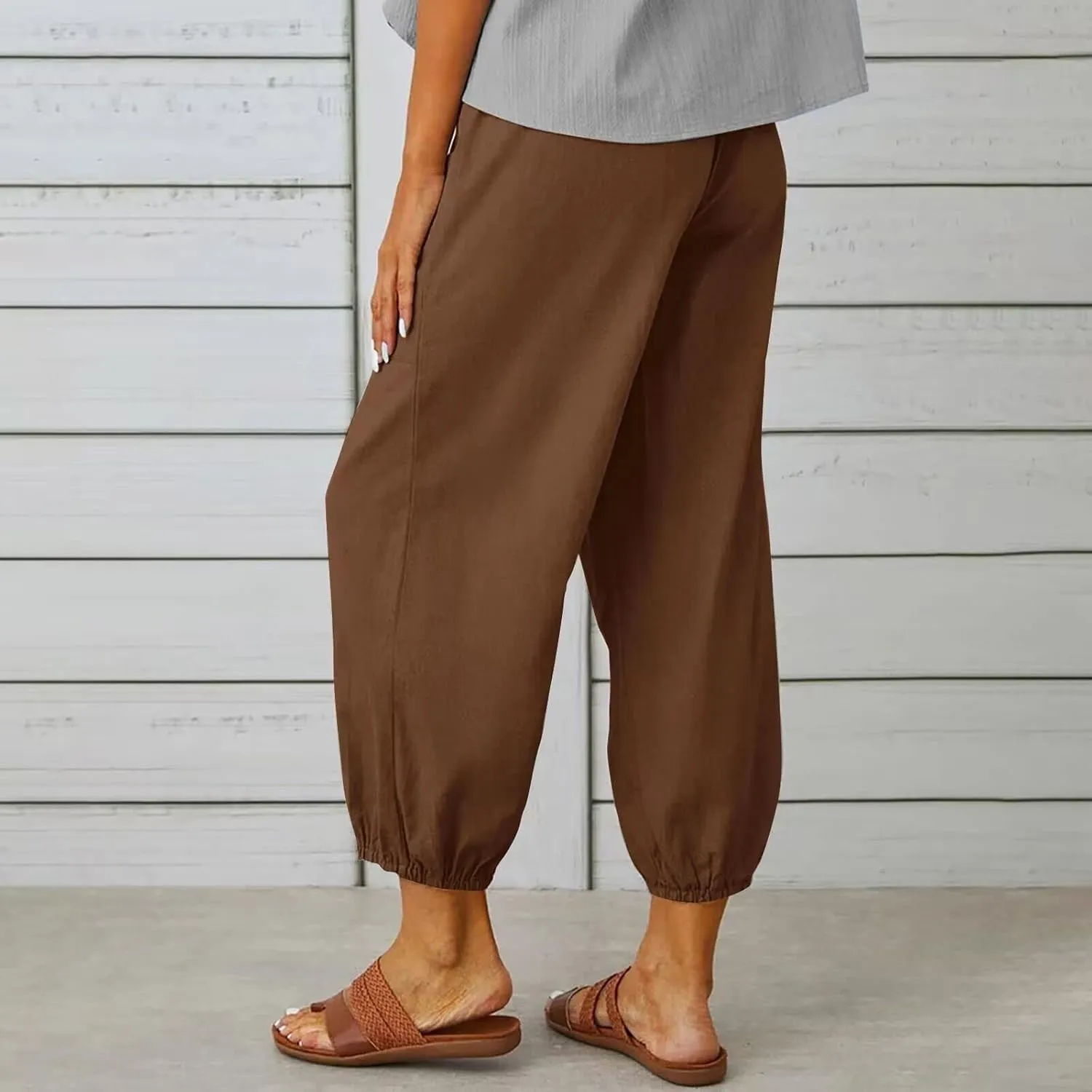 Women's Casual Lantern Tapered Harem Pants Loose Fit Style Flax Ankle Trousers Summer Baggy Slacks with Pocket