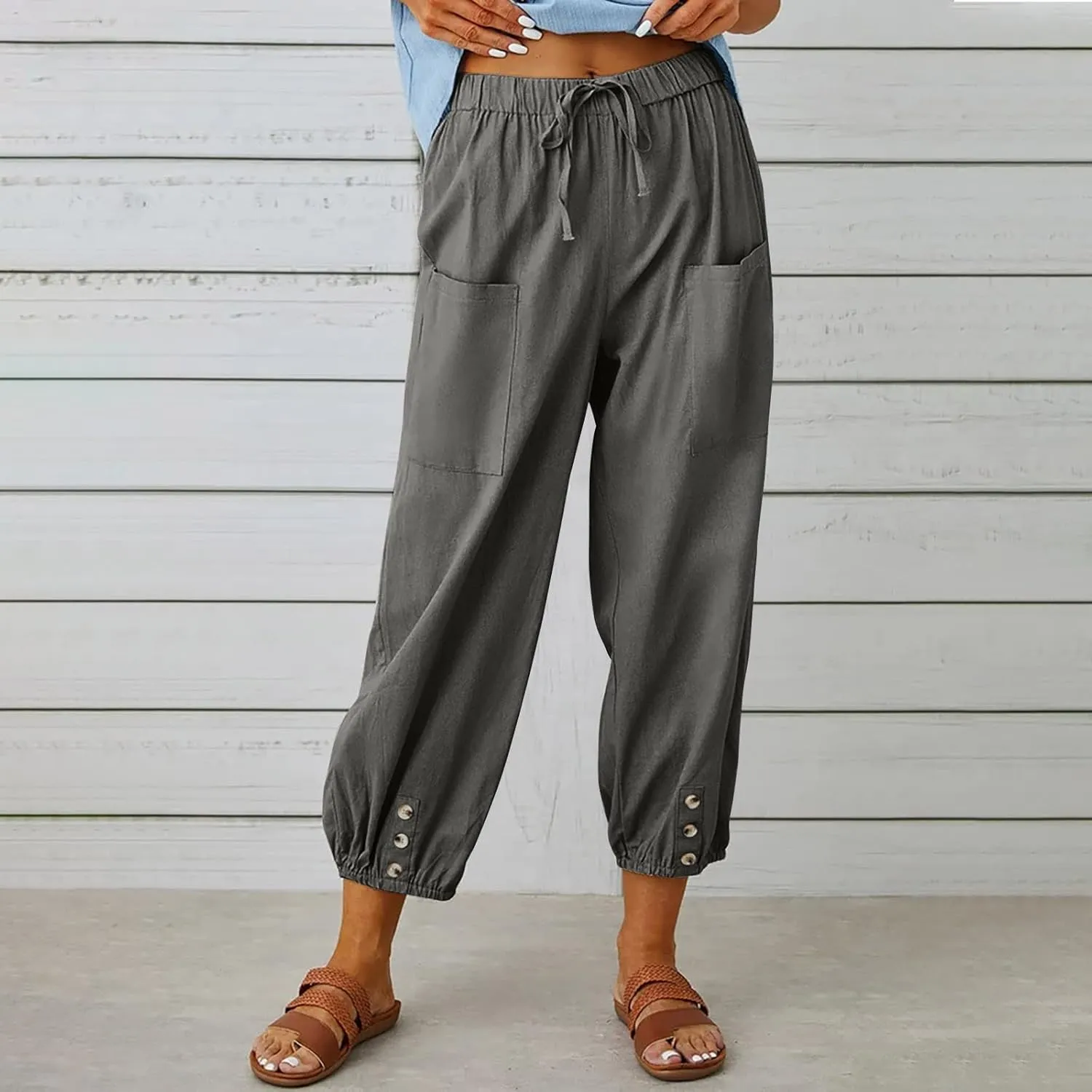 Women's Casual Lantern Tapered Harem Pants Loose Fit Style Flax Ankle Trousers Summer Baggy Slacks with Pocket