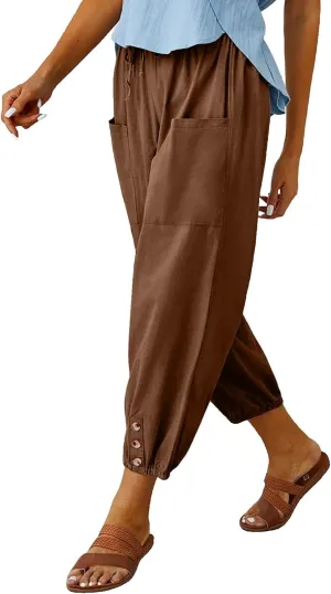 Women's Casual Lantern Tapered Harem Pants Loose Fit Style Flax Ankle Trousers Summer Baggy Slacks with Pocket