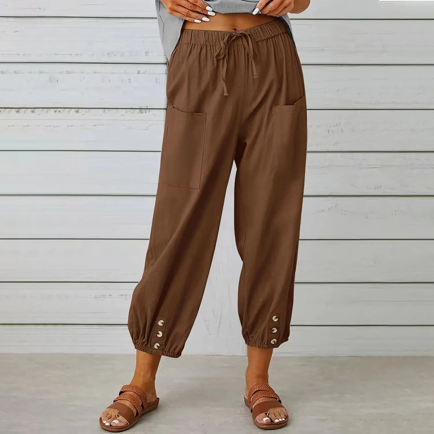 Women's Casual Lantern Tapered Harem Pants Loose Fit Style Flax Ankle Trousers Summer Baggy Slacks with Pocket