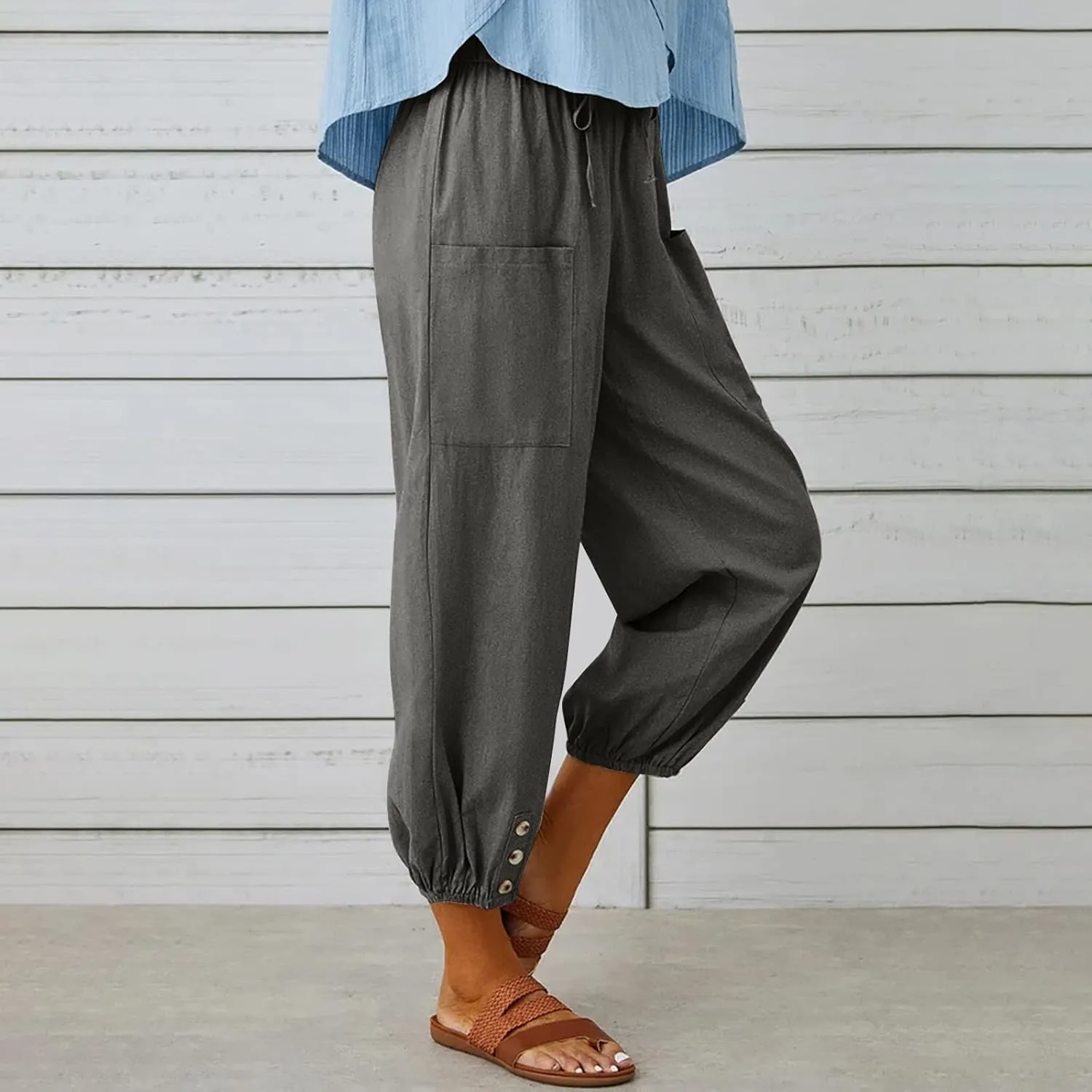 Women's Casual Lantern Tapered Harem Pants Loose Fit Style Flax Ankle Trousers Summer Baggy Slacks with Pocket