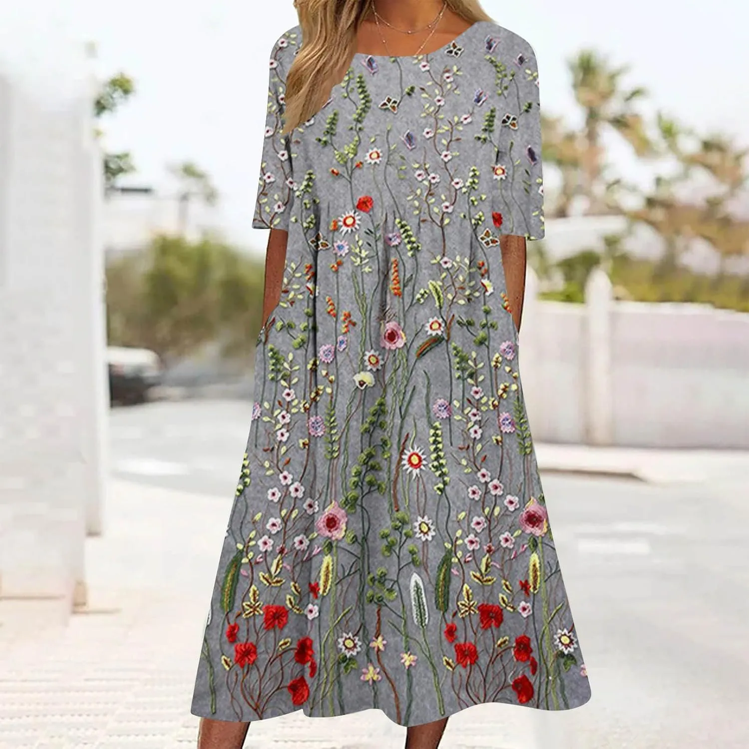 Womens Casual Summer Dresses Cute Floral Print Short Sleeve Beach Dress Round Neck Pleated Sundress with Pocket