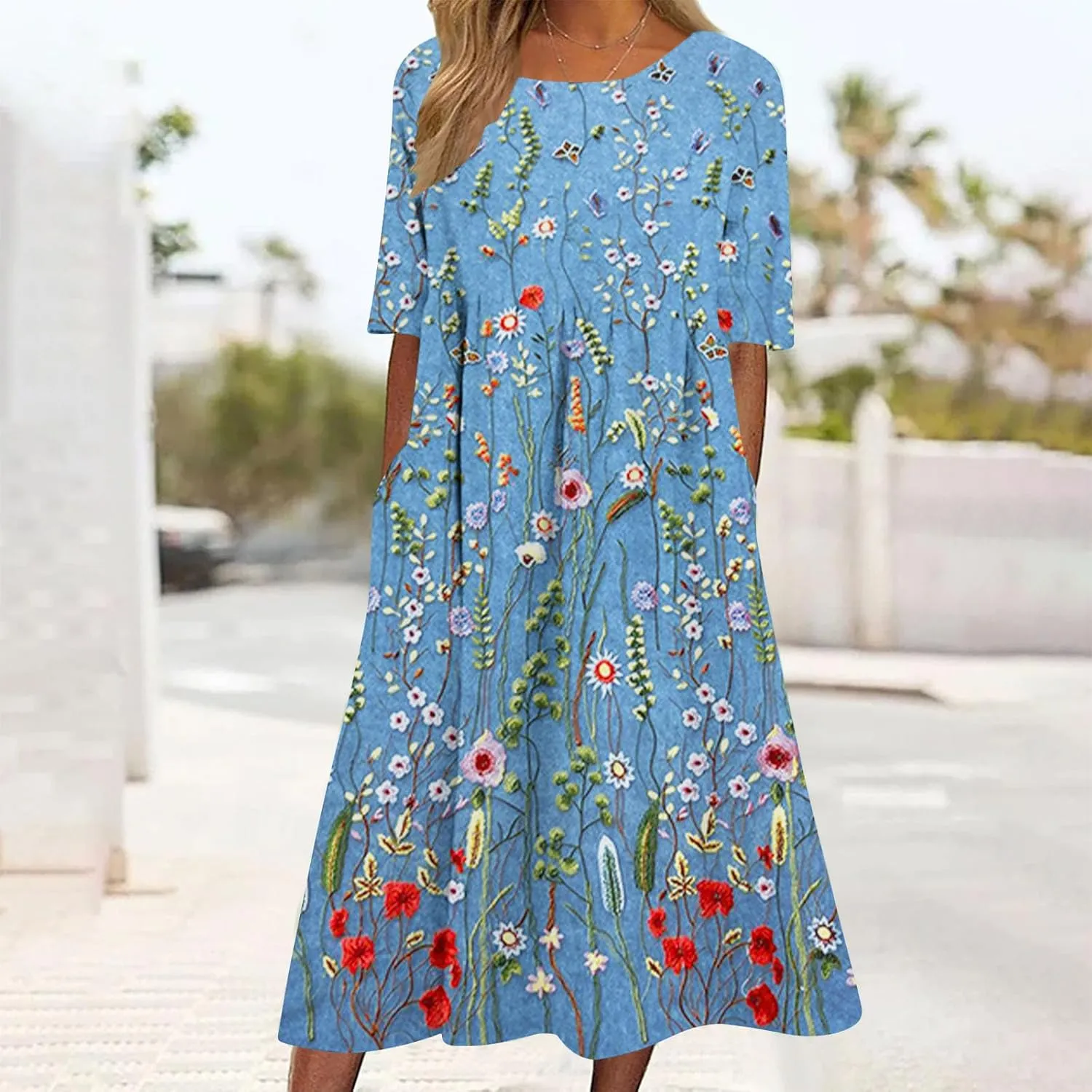 Womens Casual Summer Dresses Cute Floral Print Short Sleeve Beach Dress Round Neck Pleated Sundress with Pocket