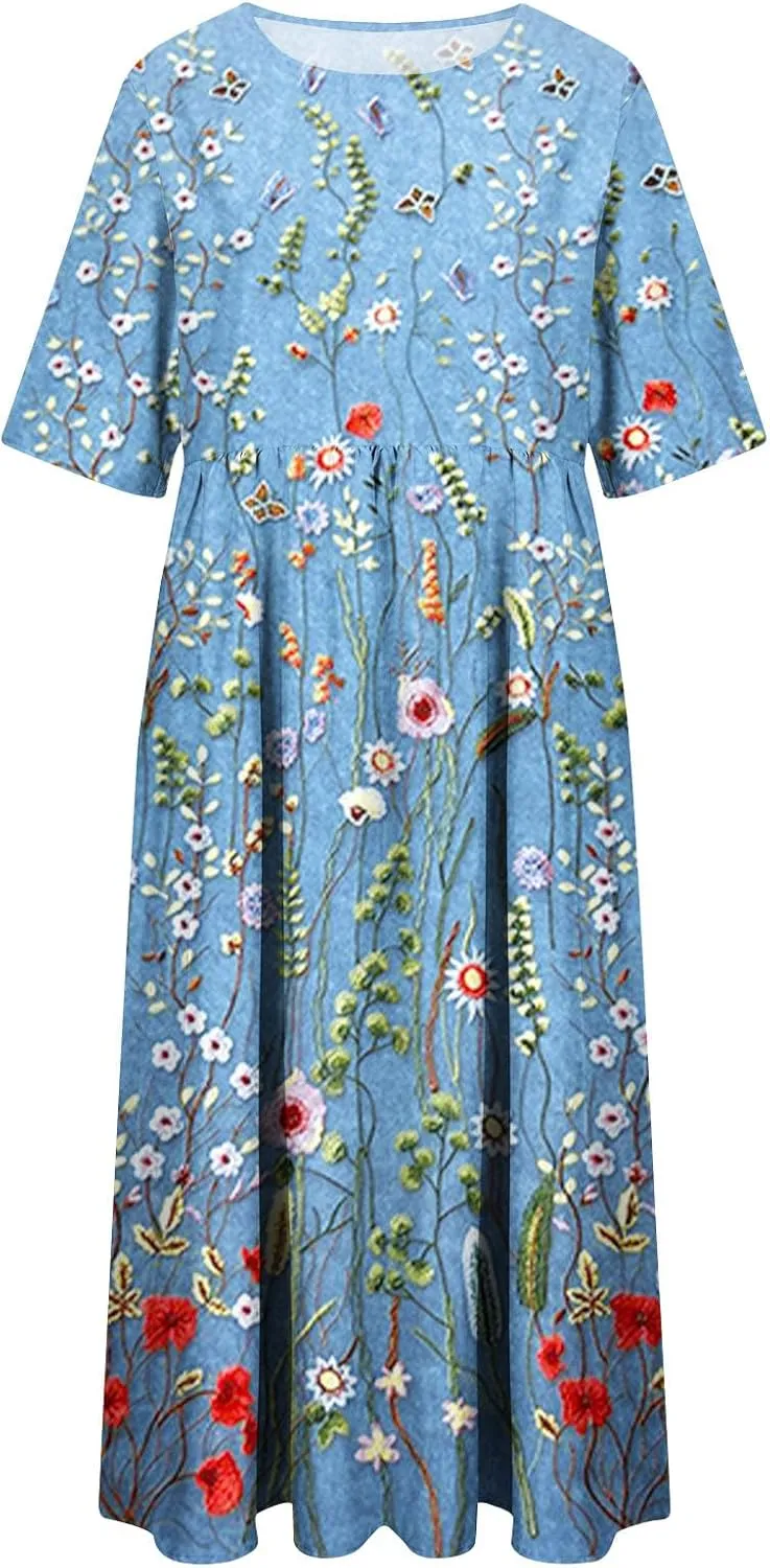 Womens Casual Summer Dresses Cute Floral Print Short Sleeve Beach Dress Round Neck Pleated Sundress with Pocket
