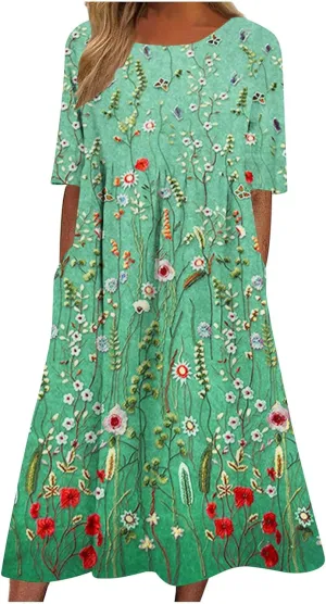 Womens Casual Summer Dresses Cute Floral Print Short Sleeve Beach Dress Round Neck Pleated Sundress with Pocket