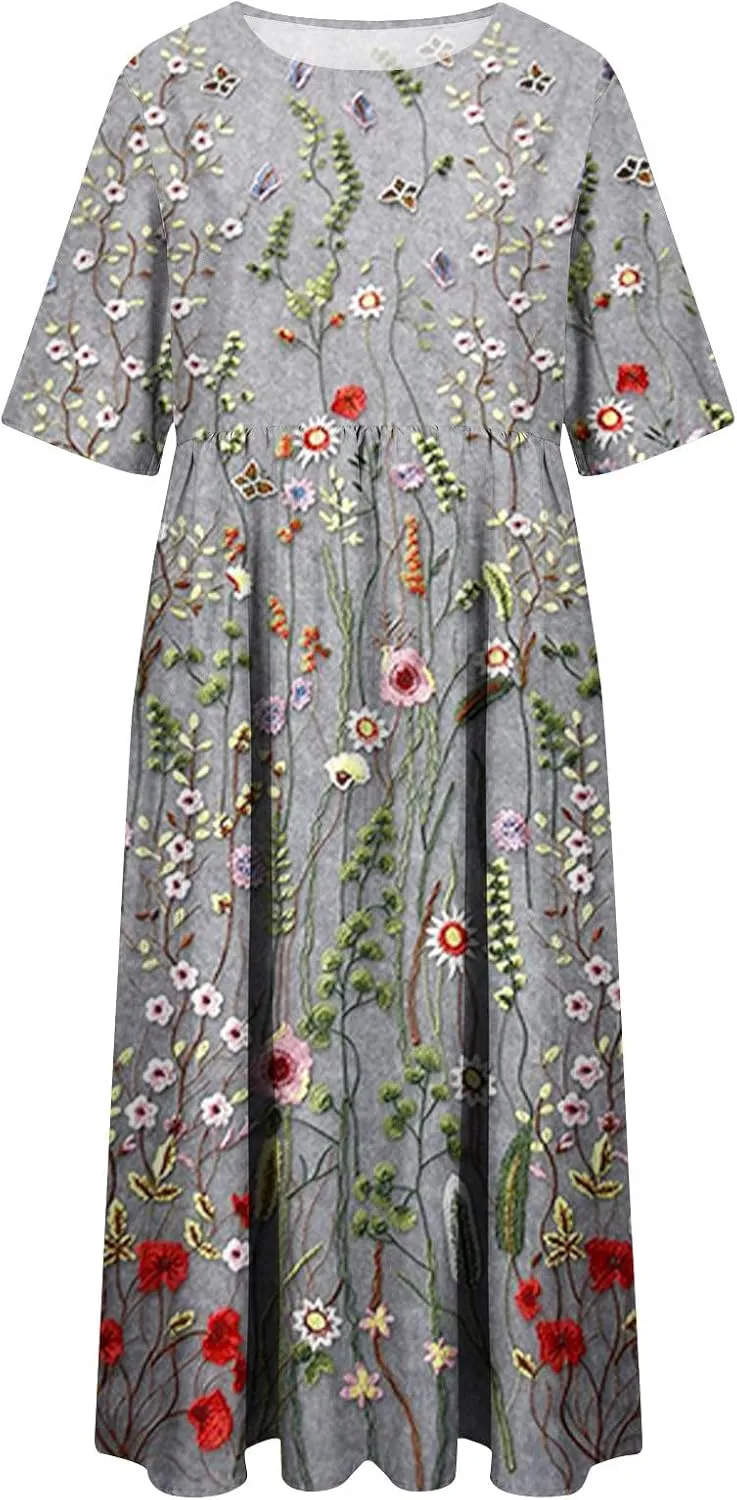 Womens Casual Summer Dresses Cute Floral Print Short Sleeve Beach Dress Round Neck Pleated Sundress with Pocket