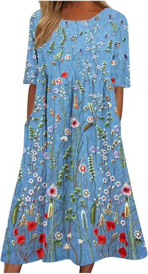 Womens Casual Summer Dresses Cute Floral Print Short Sleeve Beach Dress Round Neck Pleated Sundress with Pocket
