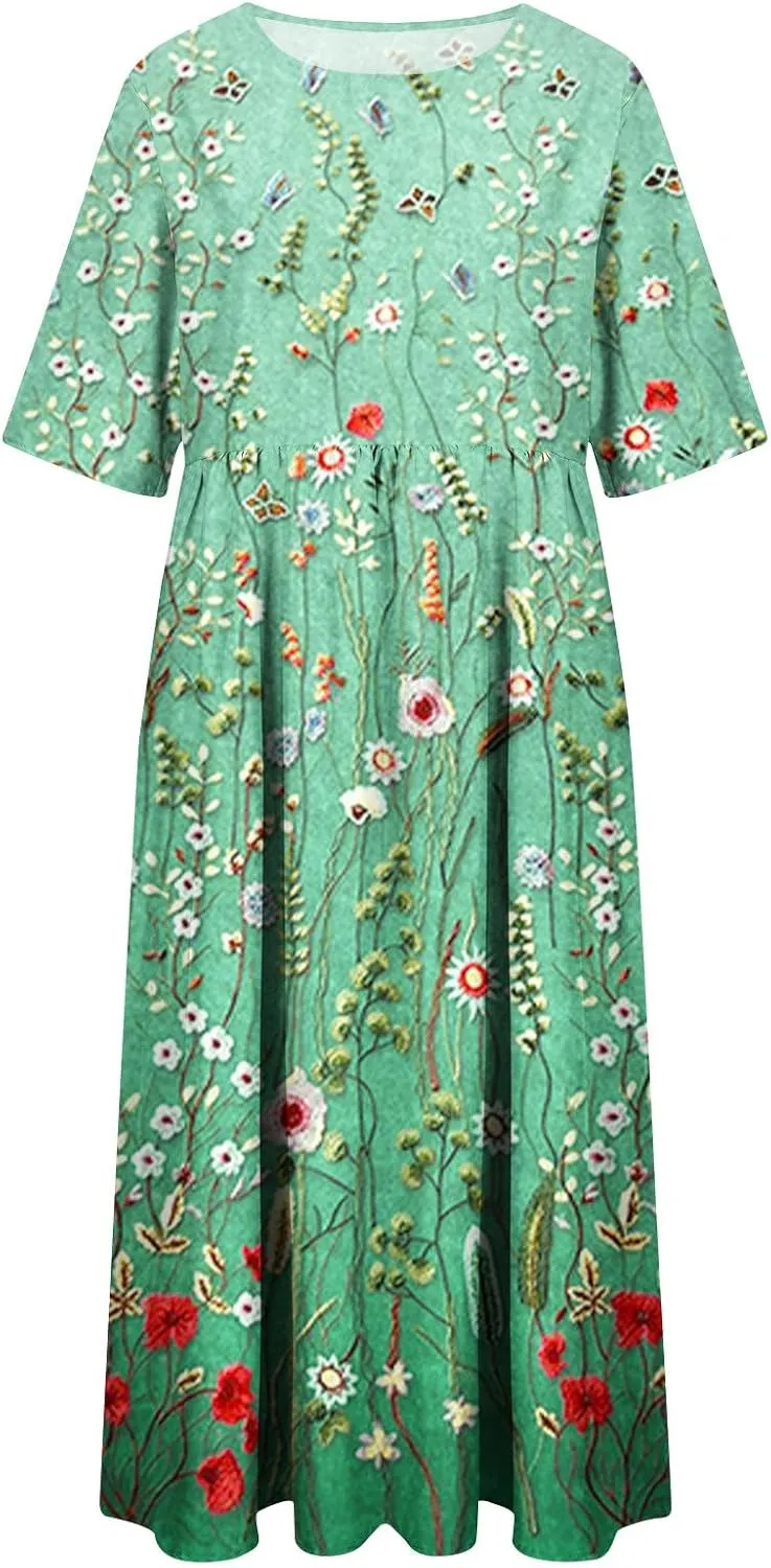 Womens Casual Summer Dresses Cute Floral Print Short Sleeve Beach Dress Round Neck Pleated Sundress with Pocket