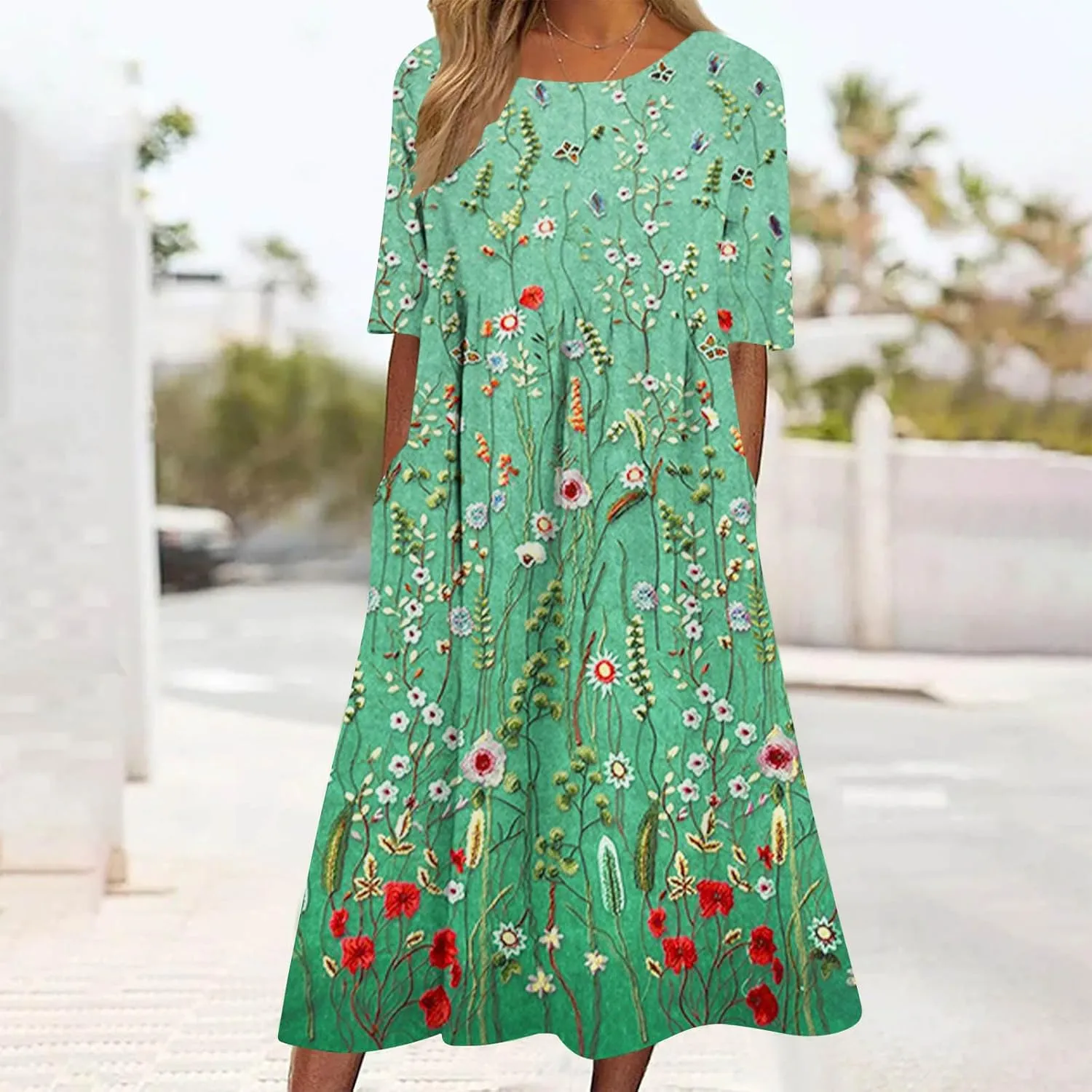 Womens Casual Summer Dresses Cute Floral Print Short Sleeve Beach Dress Round Neck Pleated Sundress with Pocket