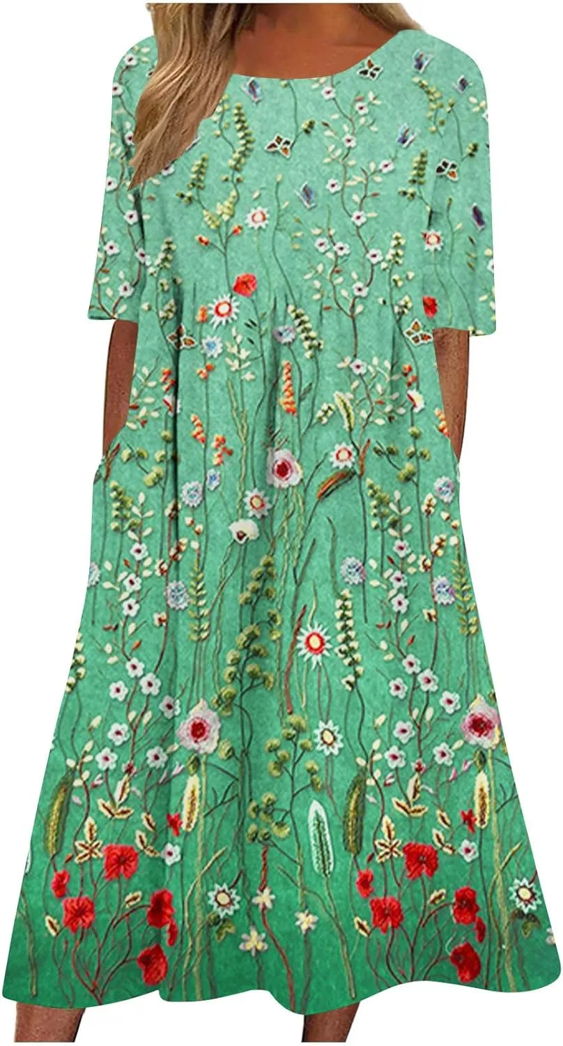 Womens Casual Summer Dresses Cute Floral Print Short Sleeve Beach Dress Round Neck Pleated Sundress with Pocket