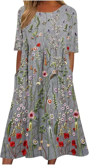 Womens Casual Summer Dresses Cute Floral Print Short Sleeve Beach Dress Round Neck Pleated Sundress with Pocket