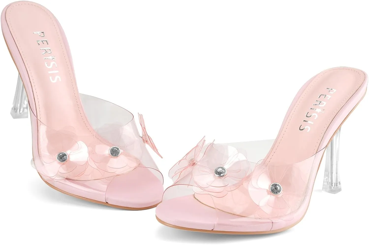 Women's Clear Strap High Kitten Transparent Heel Black Red Floral Heels Sexy Slip On Round Open Peep Toe Rhinestone Mules Slide Sandals Summer Backless Party Prom Dress Shoes 3 Inch